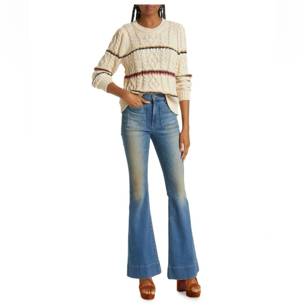 VERONICA BEARD Bruna striped cable-knit cotton-blend sweater in Ecru size medium